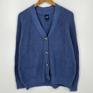 Gap Cardigan Sweater Women's Size L Blue Button Chunky Knit Solid 100% Cotton